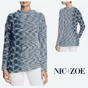 Nik + Zoe Navy Off-White Cotton Rayon Marled Office Casual Mock Neck Sweater